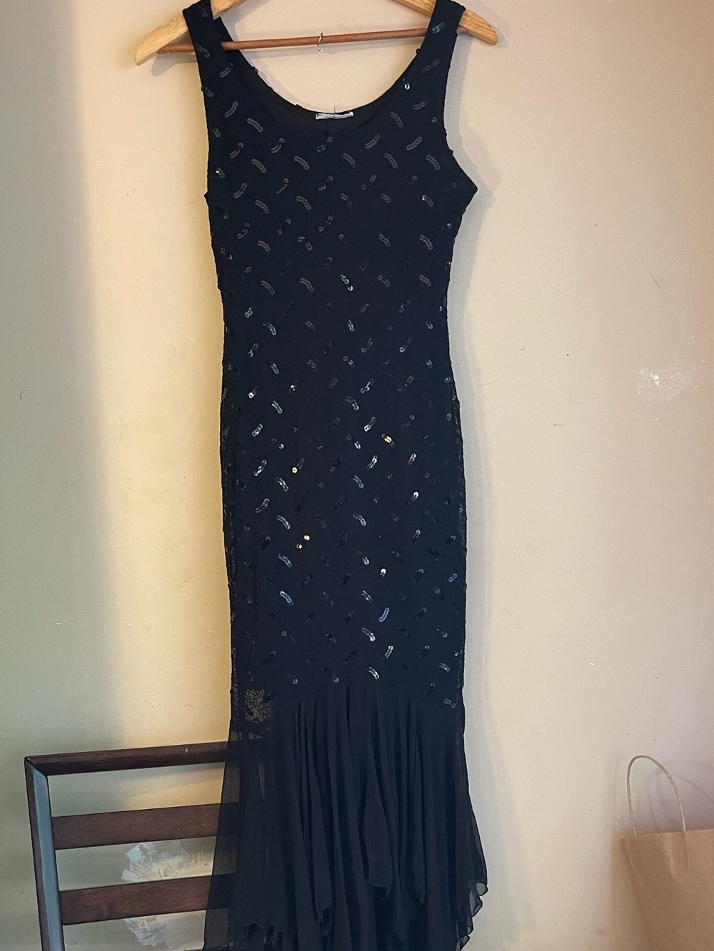 ⁠Vintage Look Black Sequin Lace Asymmetric Mermaid Dress S